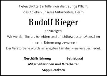 Traueranzeige von Rudolf Rieger von Kleine Zeitung