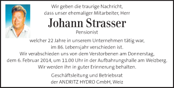 Traueranzeige von Johann Strasser von Kleine Zeitung