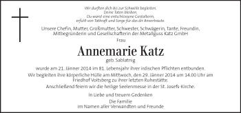 Traueranzeige von Annemarie Katz von Kleine Zeitung