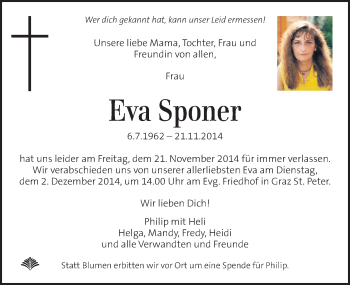 Traueranzeige von Eva Sponer von Kleine Zeitung