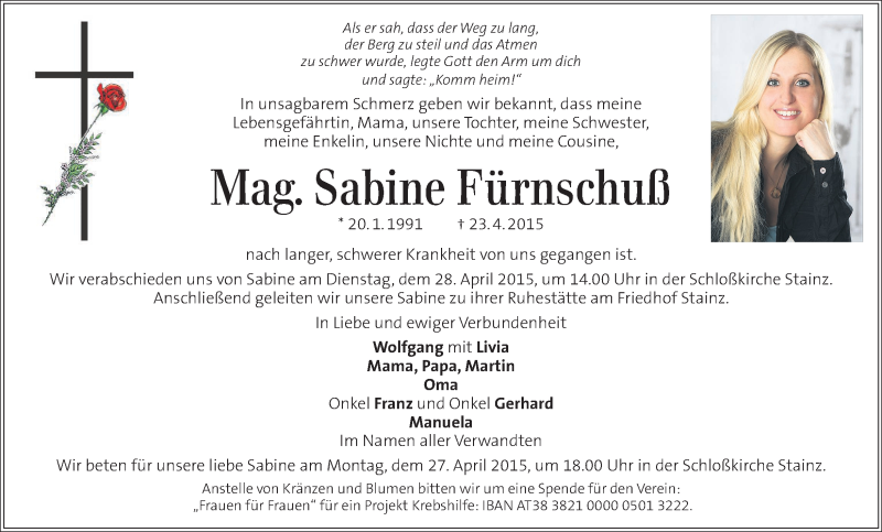  Traueranzeige für Sabine Fürnschuß vom 26.04.2015 aus Kleine Zeitung
