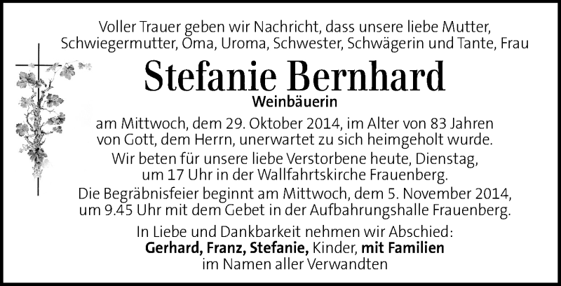  Traueranzeige für Stefanie Bernhard vom 04.11.2014 aus Kleine Zeitung