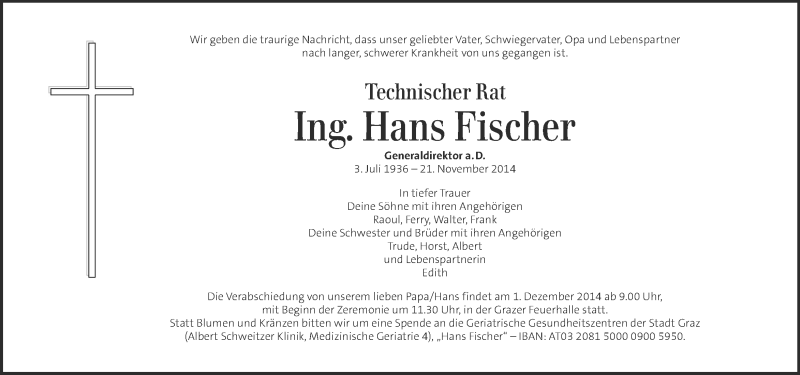  Traueranzeige für Hans Fischer vom 26.11.2014 aus Kleine Zeitung