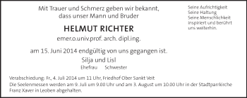 Traueranzeige von Helmut Richter von Kleine Zeitung