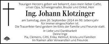 Traueranzeige von Johann Klotzinger von Kleine Zeitung