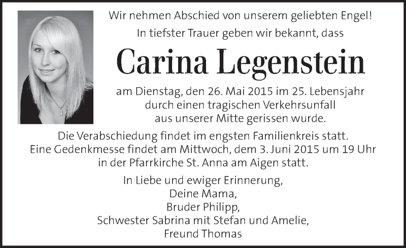  Traueranzeige für Carina Legenstein vom 30.05.2015 aus Kleine Zeitung