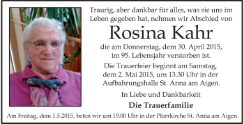 Traueranzeige von Rosina Kahr von Kleine Zeitung
