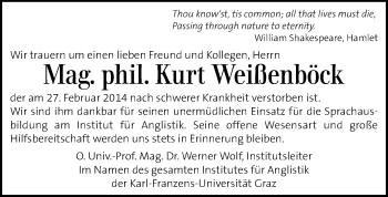 Traueranzeige von Kurt Weißenböck von Kleine Zeitung