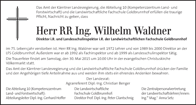  Traueranzeige für Wilhelm Waldner vom 29.05.2015 aus Kleine Zeitung