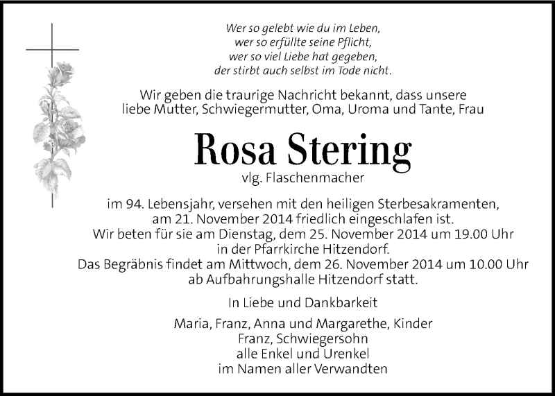  Traueranzeige für Rosa Stering vom 25.11.2014 aus Kleine Zeitung