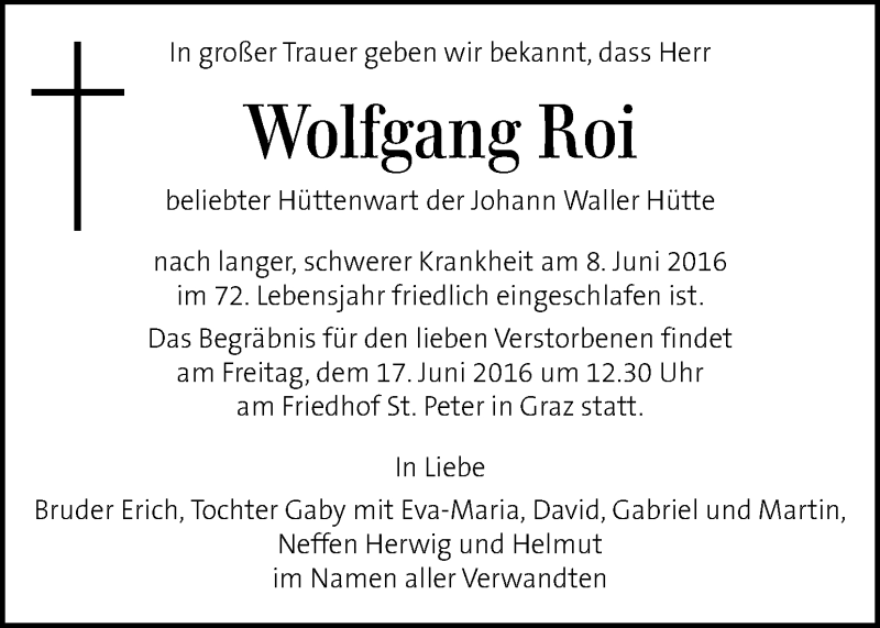  Traueranzeige für Wolfgang Roi vom 14.06.2016 aus Kleine Zeitung