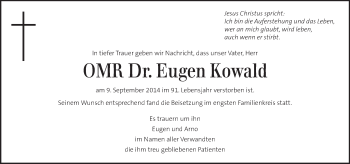 Traueranzeige von Eugen Kowald von Kleine Zeitung