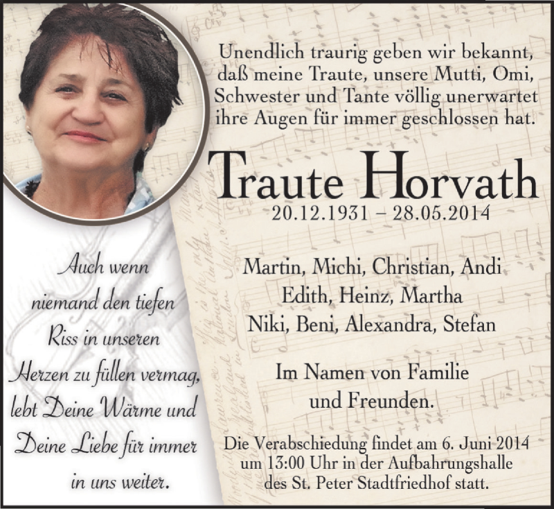 Traueranzeige für Traute Horvath vom 04.06.2014 aus Kleine Zeitung