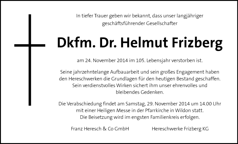  Traueranzeige für Helmut Frizberg vom 25.11.2014 aus Kleine Zeitung