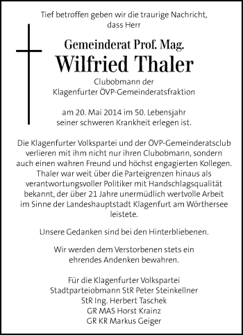 Traueranzeige von Wilfried Thaler von Kleine Zeitung