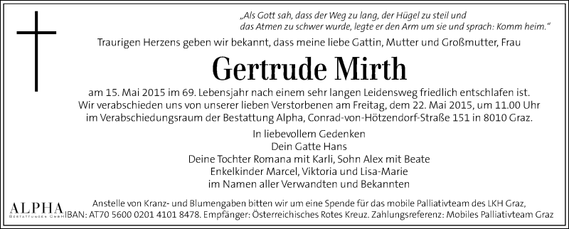  Traueranzeige für Gertrude Mirth vom 20.05.2015 aus Kleine Zeitung