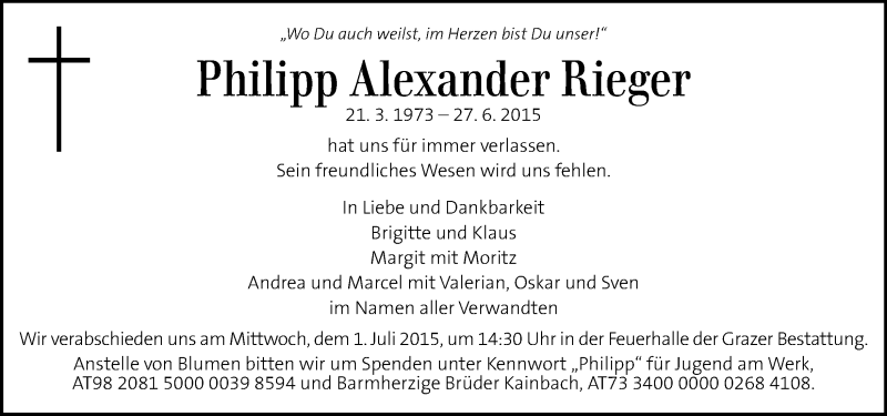  Traueranzeige für Philipp Alexander Rieger vom 30.06.2015 aus Kleine Zeitung