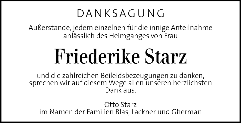  Traueranzeige für Friederike Starz vom 07.06.2014 aus Kleine Zeitung