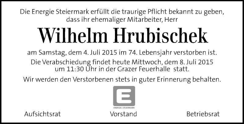 Traueranzeige für Wilhelm Hrubischek vom 08.07.2015 aus Kleine Zeitung