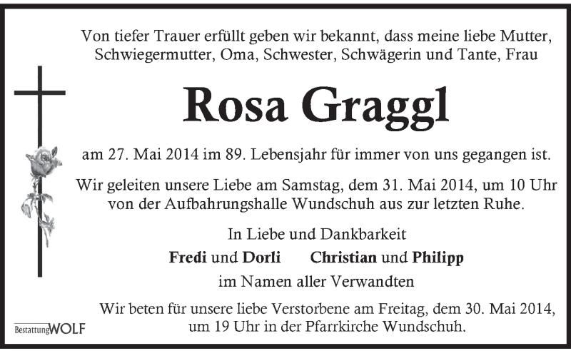  Traueranzeige für Rosa Graggl vom 29.05.2014 aus Kleine Zeitung