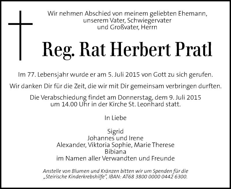  Traueranzeige für Herbert Pratl vom 08.07.2015 aus Kleine Zeitung