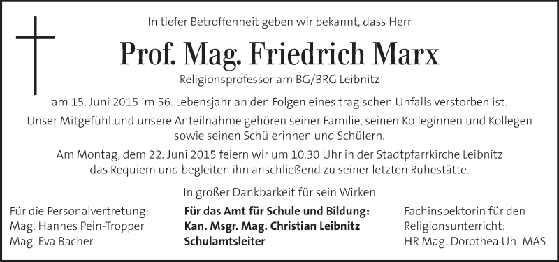  Traueranzeige für Friedrich Marx vom 19.06.2015 aus Kleine Zeitung