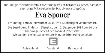 Traueranzeige von Eva Sponer von Kleine Zeitung