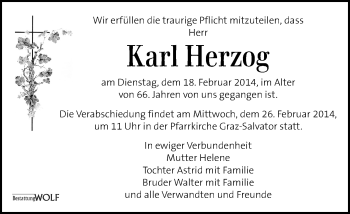 Traueranzeige von Karl Herzog von Kleine Zeitung