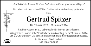 Traueranzeige von Gertrud Spitzer von Kleine Zeitung