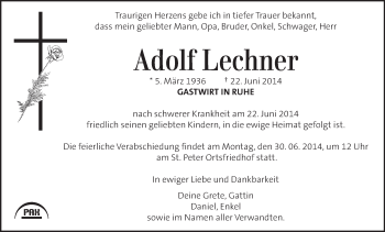 Traueranzeige von Adolf Lechner von Kleine Zeitung