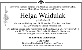 Traueranzeige von Helga Waidulak von Kleine Zeitung