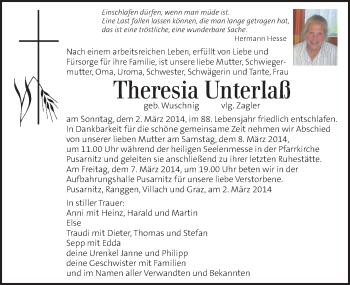Traueranzeige von Theresia Unterlaß von Kleine Zeitung