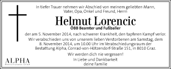 Traueranzeigen Von Helmut Lorencic Trauer Kleinezeitung At