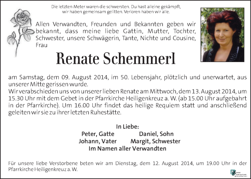  Traueranzeige für Renate Schemmerl vom 12.08.2014 aus Kleine Zeitung