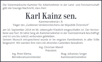 Traueranzeige von Karl Kainz von Kleine Zeitung