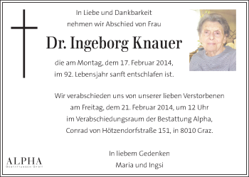 Traueranzeige von Ingeborg Knauer von Kleine Zeitung