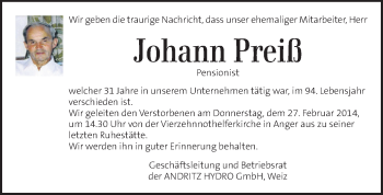 Traueranzeige von Johann Preiß von Kleine Zeitung