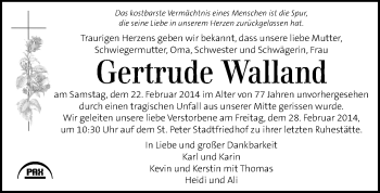 Traueranzeige von Gertrude Walland von Kleine Zeitung