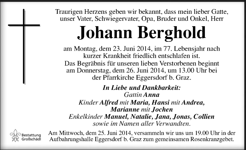  Traueranzeige für Johann Berghold vom 25.06.2014 aus Kleine Zeitung