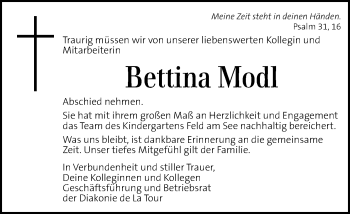 Traueranzeige von Bettina Modl von Kleine Zeitung