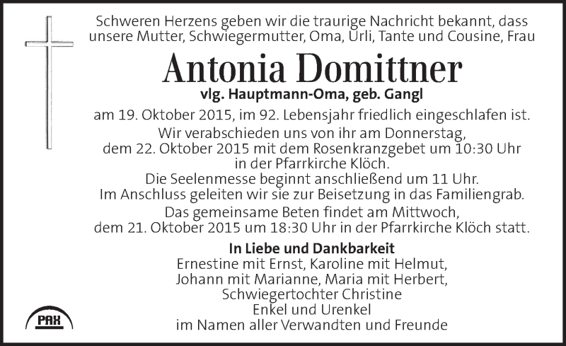  Traueranzeige für Antonia Domittner vom 21.10.2015 aus Kleine Zeitung