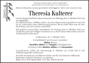 Traueranzeige von Theresia Kulterer von Kleine Zeitung