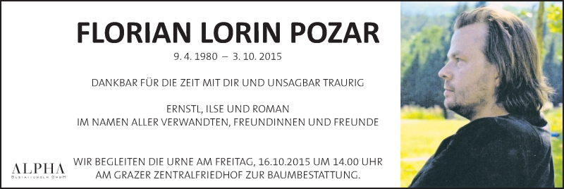  Traueranzeige für Florian Lorin Pozar vom 11.10.2015 aus Kleine Zeitung