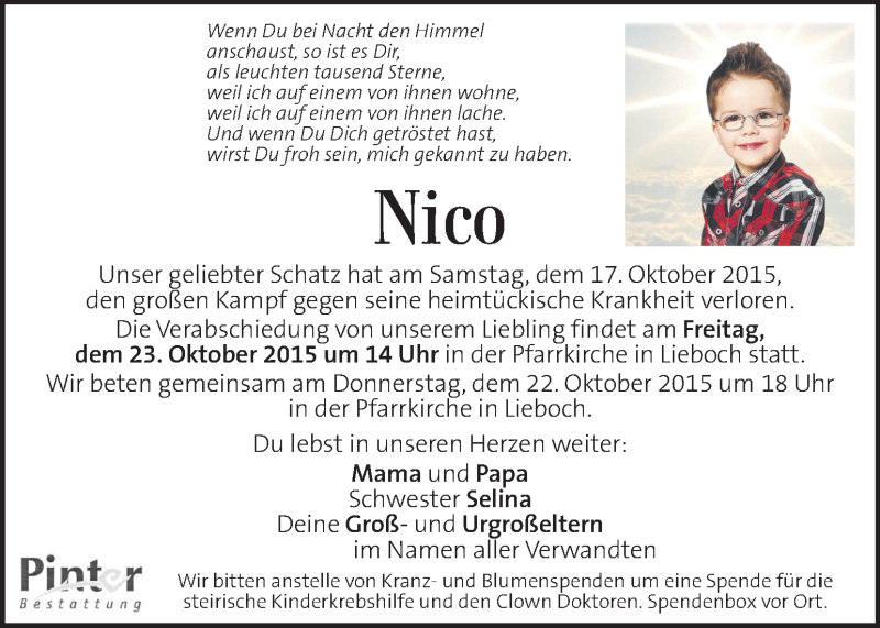  Traueranzeige für Nico Andre Seifried vom 21.10.2015 aus Kleine Zeitung