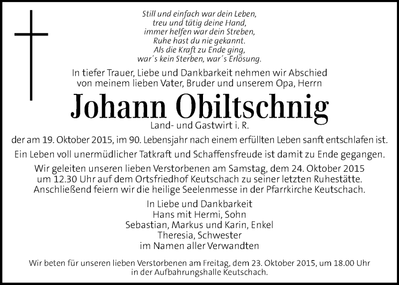  Traueranzeige für Johann Obiltschnig vom 22.10.2015 aus Kleine Zeitung