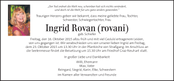 Traueranzeige von Ingrid Rovan von Kleine Zeitung