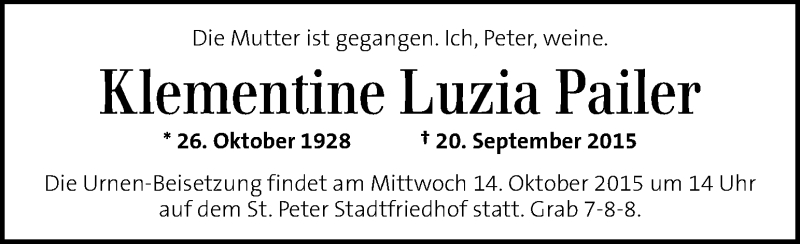  Traueranzeige für Klementine Luzia Pailer vom 08.10.2015 aus Kleine Zeitung