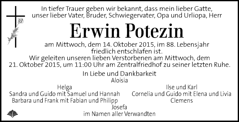  Traueranzeige für Erwin Potezin vom 16.10.2015 aus Kleine Zeitung