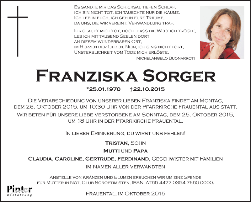  Traueranzeige für Franziska Sorger vom 24.10.2015 aus Kleine Zeitung