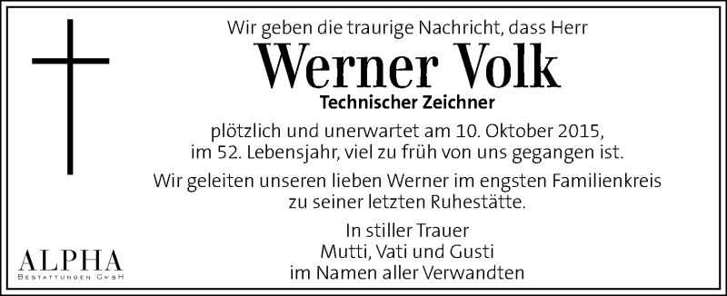  Traueranzeige für Werner Volk vom 14.10.2015 aus Kleine Zeitung
